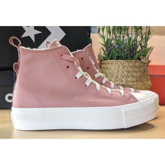 Converse CTAS Lift Platform Sherpa Lined Rust Pink Leather Hi Tops Size W9.5 NIB - Picture 2 of 12